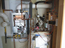 Rinnai R75LSi (cover removed) with solar pre-heat tank and plumbing